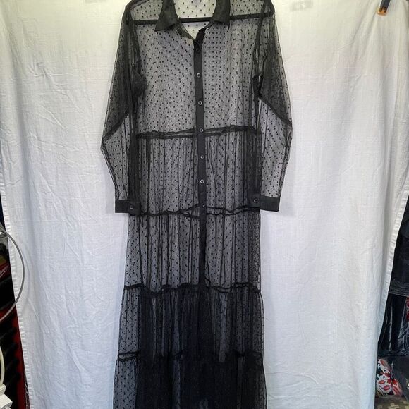 Spoon Jeans Black Polka Dot Mesh Sheer Long Sleeve Button Up Maxi Dress Size 1X - Picture 1 of 8